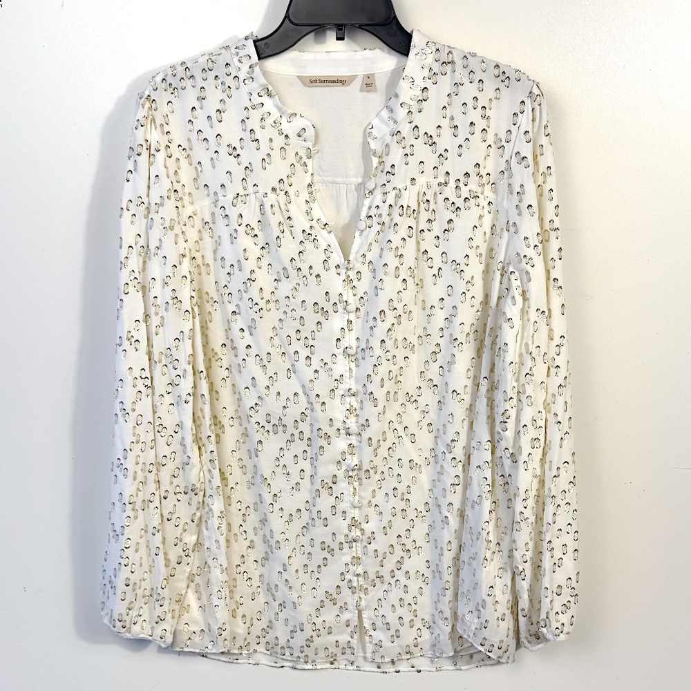 Soft Surroundings Mila Metallic Blouse Women’s L Lined Viscose Gold Print